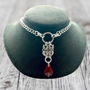 Handmade maille necklace with red austrian drop crystal celtic boho goth